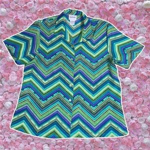 Vintage Shirt 80s Bonworth XS Petite Zig Zag Funky Striped Blouse Short Sleeved